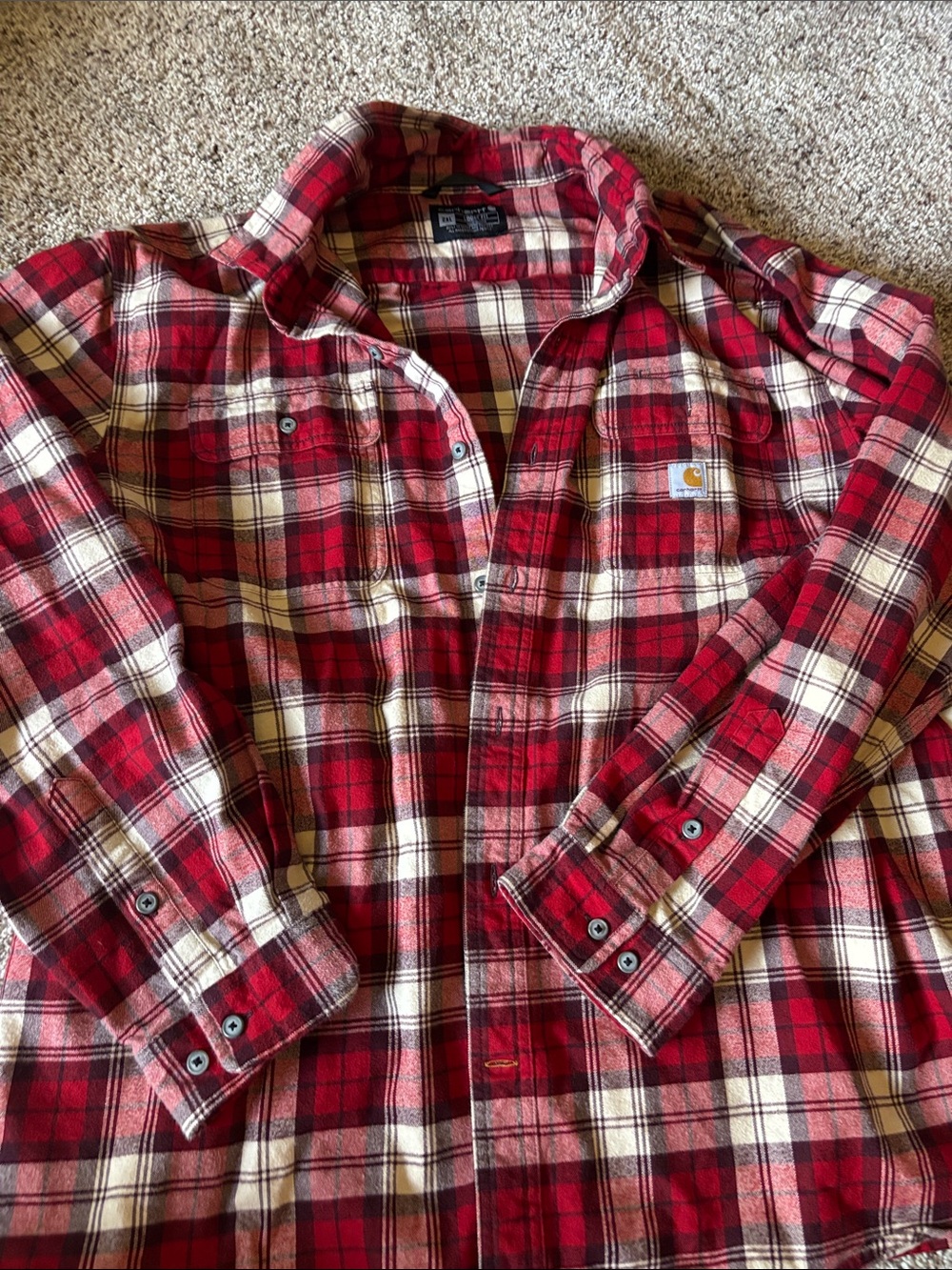 Carhartt Red and Cream Plaid Button-Down Flannel Shirt